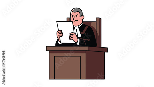 Serious Cartoon Judge Reviewing Legal Papers at Bench