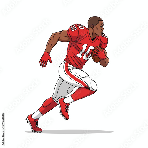 Muscular athlete in red uniform runs with football, number 10
