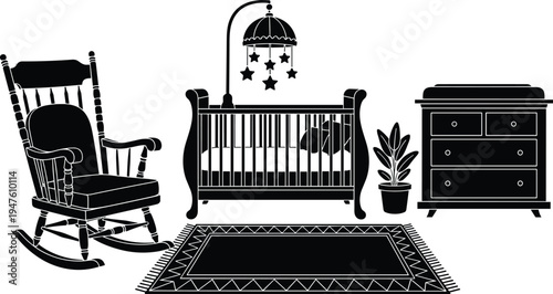 Black Silhouette Nursery Furniture and Decor on White Background baby room crib