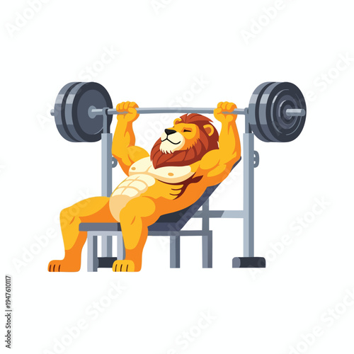 Muscular anthropomorphic lion lifting weights on a bench press