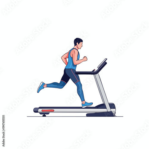 A man in workout clothes runs on a modern treadmill indoors