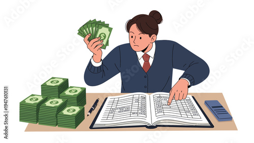 Financial management illustration: Person calculating budget with money, ledger, and calculator for accounting and tax planning.