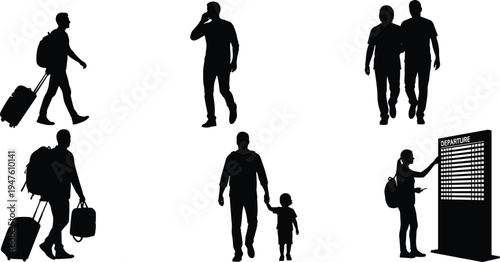 Travelers silhouettes set with people walking with luggage checking airport departure board and traveling isolated on white background tourism concept