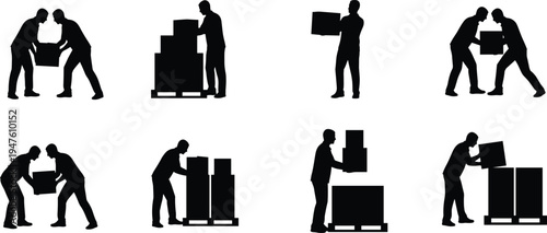 Warehouse worker lifting boxes silhouettes set showing logistics staff handling packages stacking cargo isolated on white background delivery storage and transportation concept