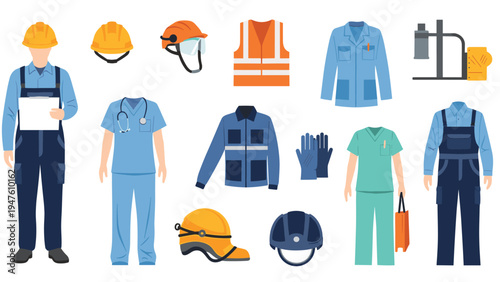 Collection of professional workwear and safety equipment including medical scrubs, high-visibility vests, and protective helmets.