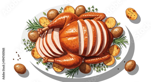 Roasted turkey with potatoes and herbs served on a white plate indoors closeup