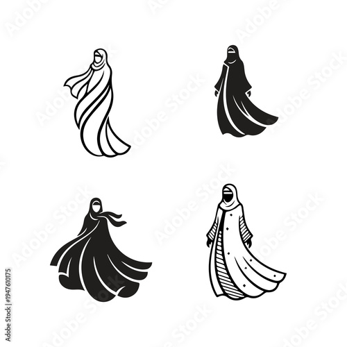 Set of four black and white vector illustrations featuring elegant Muslim women wearing traditional hijab, abaya, and niqab