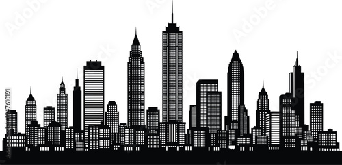 Black silhouette of a city skyline with prominent skyscrapers on a white background Keywords: city, skyline, skyscrapers