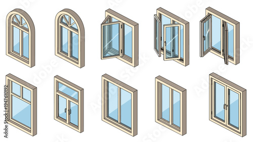 Isometric view of various window frame designs including arched, sliding, and casement styles for architectural visualization.