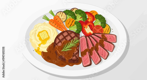 A plate of food with meat, mashed potatoes, and steamed vegetables is served on a table indoors.