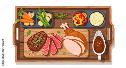 A wooden tray holds various roasted meats and vegetables on a plate with gravy.