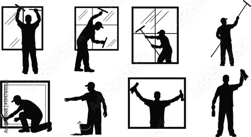 Window cleaner silhouettes set with workers washing glass using squeegee tools professional cleaning service isolated on white background
