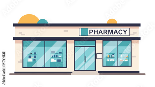 Exterior view of a modern pharmacy store building with large glass windows showing various medical products on the shelves.
