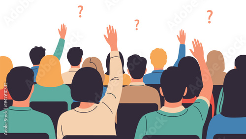 Large group of people sitting in a lecture or presentation raising their hands with question marks to ask for information.