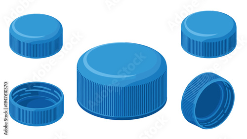 Isometric set of blue plastic screw caps for water bottles shown from various angles including top, side, and bottom views.