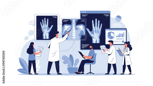Medical team collaborating in a laboratory analyzing digital X-ray images of a human skeletal system on large display screens.