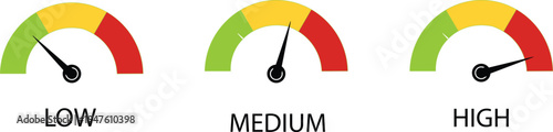 Performance gauge set, low medium and high indicators, and speed or risk measurement icons. Flat and modern speedometer design.