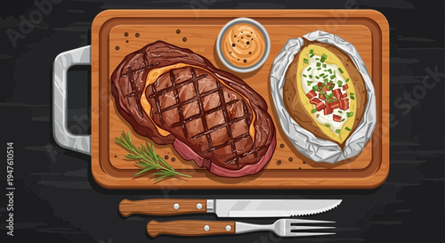 Grilled steak and baked potato on wooden tray with cutlery