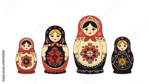 Set of four traditional Russian matryoshka nesting dolls with intricate floral patterns and classic folk art decoration.
