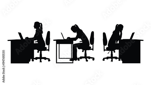 Three people working at desks with laptops