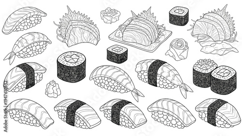 Detailed hand-drawn sketches of various sushi and sashimi dishes including nigiri, maki rolls, and ginger in a black line style.