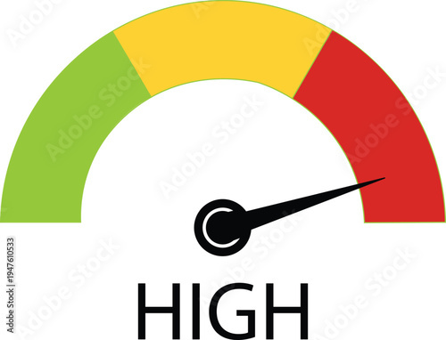 High speed performance meter, speedometer icon with needle on red zone, and risk level indicator. Flat and modern gauge design.