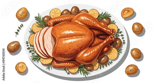 Roasted turkey on a plate with potatoes and herbs on a table indoors today