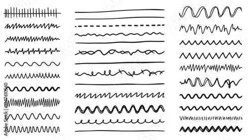 Collection of diverse hand-drawn black ink wavy, zigzag, and scribbled lines on a clean white background for design.