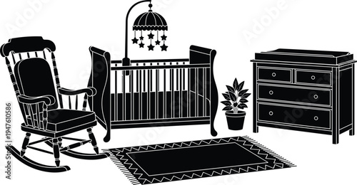 Black Silhouette of a Nursery Room with Rocking Chair Crib and Dresser Keywords: nursery, room, silhouette, rocking chair, crib