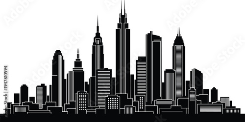 Black silhouette of a city skyline with tall buildings on a white background Keywords: city, skyline, silhouette, buildings