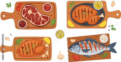 A variety of grilled meats and fish on wooden chopping boards, garnished with herbs, spices, and lemon.