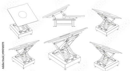Tilting Table CAD Blueprint Vector – Adjustable Industrial Worktable Technical Multiview Outline Drawing