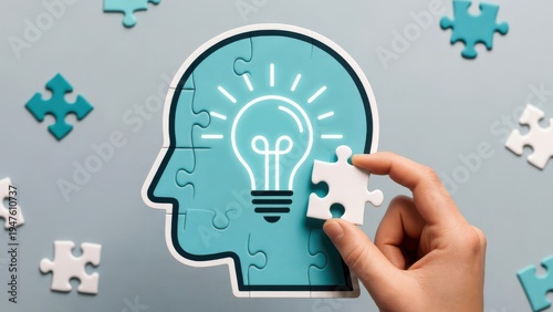 Creative human hand holding glowing lightbulb brain with puzzle pieces innovation concept idea problem solving strategy