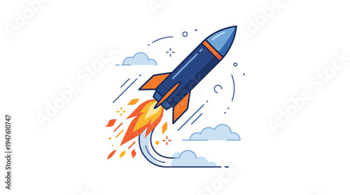 Blue rocket soars with fiery trail behind. Simple design evokes speed and ambition. Ideal for startup, growth, or innovation themes. Bright colors capture attention instantly