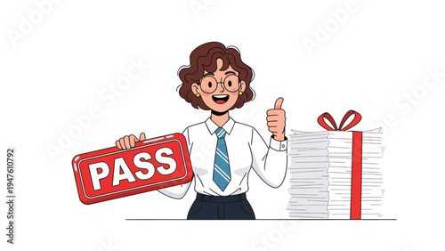 Smiling professional woman with 'PASS' sign and completed documents, giving a thumbs up, symbolizing success and approval.