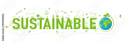 Green sustainable development concept with eco friendly icons, renewable energy, recycling, smart city and global earth. Environmental protection, net zero future banner design