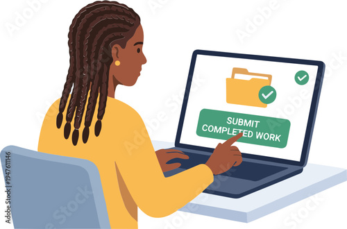 Woman submitting completed work on laptop at desk indoors