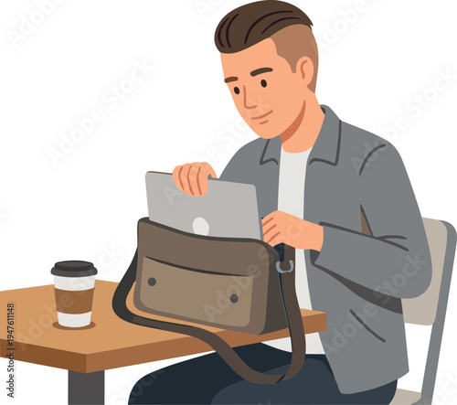 Man sitting at table with laptop in bag and coffee cup