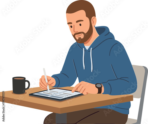 A man sitting at a desk is drawing on a digital tablet with a stylus.