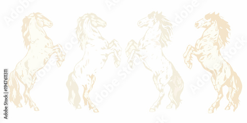 Four sketches of rearing horses in a pale minimalist style