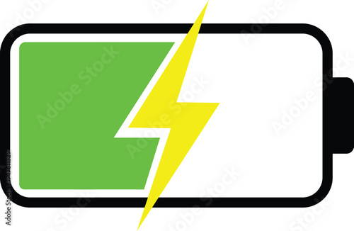 Battery charging icon, green power level indicator, lightning bolt symbol, and energy status graphic. Flat and modern battery design.