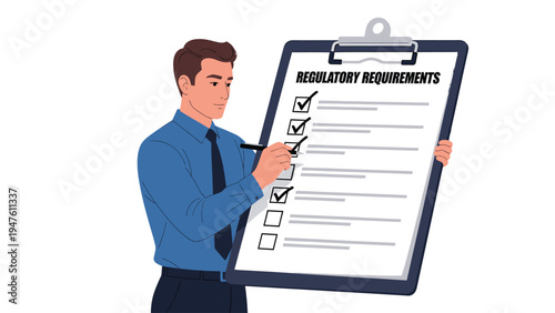 Businessman checking regulatory requirements on clipboard. Compliance, audit, and legal checklist completion. Business illustration.