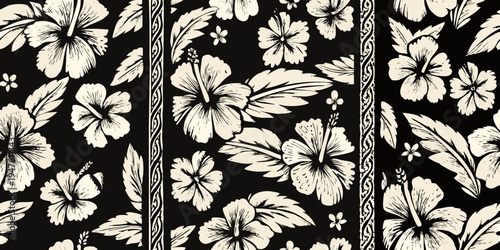 Elegant black and cream floral pattern with hibiscus and linear designs