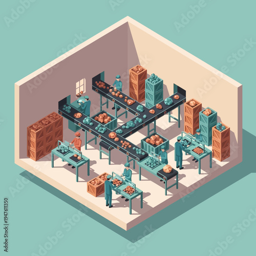 Isometric view of a food processing factory with workers and conveyor belts.