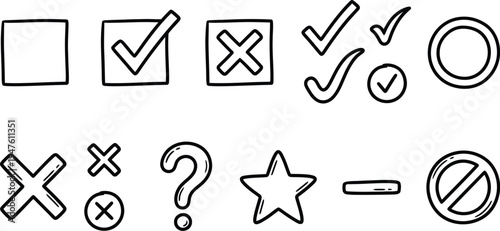 A collection of various symbols and icons for marking and validation