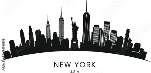 Black silhouette of the New York City skyline with the Statue of Liberty Keywords: New York City, NYC, skyline, silhouette