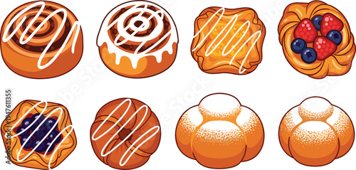 A selection of delicious pastries, including cinnamon rolls, fruit-filled danishes, and sweet rolls with icing.