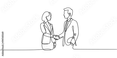 Continuous one line drawing of businessman and businesswoman standing together and crossing arms, business teamwork. one line Icon drawing