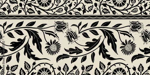 Intricate black floral pattern on a cream colored background