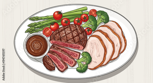 A plate of food with grilled meat steaks and vegetables on a table indoors.